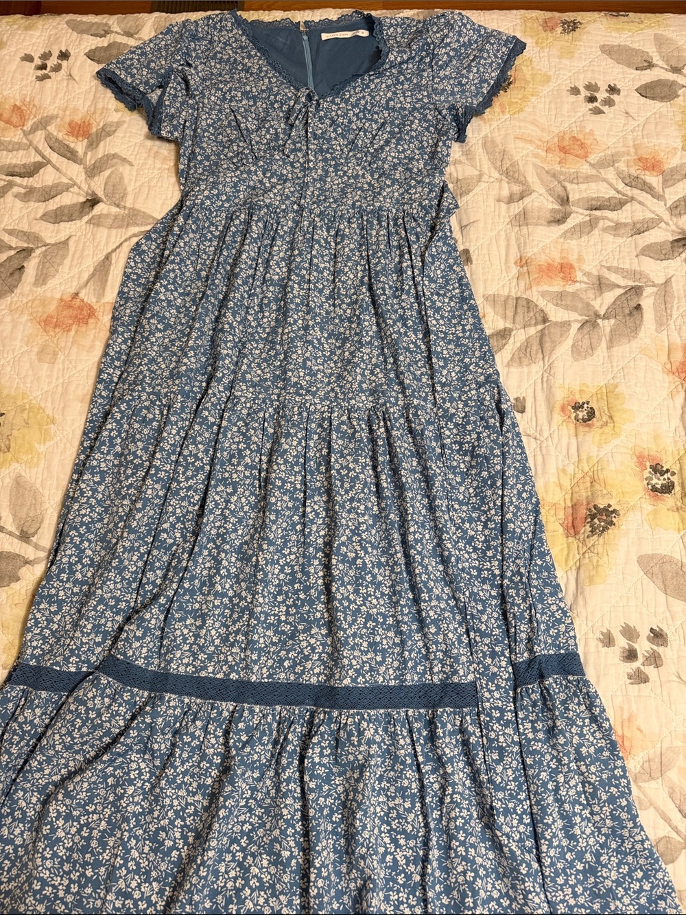 Altar'd State Blue White Floral Tie-Neck Tiered Maxi Dress